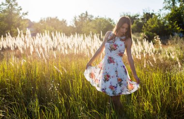 Çiçekli elbiseli romantik esmer kadın gün batımında dikenli çayırlara bakıyor. 