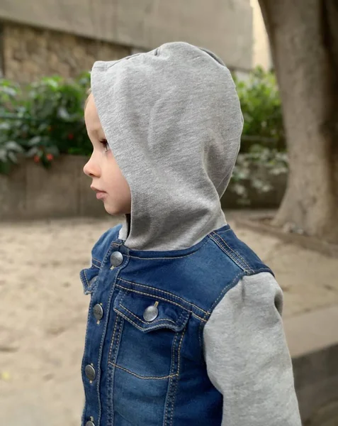 Portrait Profile Cute Toddler Boy Outdoors Grey Hood Denim Jacket — Stock Photo, Image