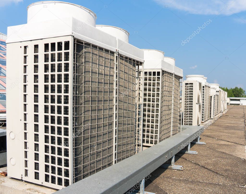 cooling , technician , conditioning , many , condenser , power , central , cooler , commercial , summer , outside , conditioner , refrigerant , building , technology , equipment , fan , energy , system , electrical , roof , industrial , safety , outd