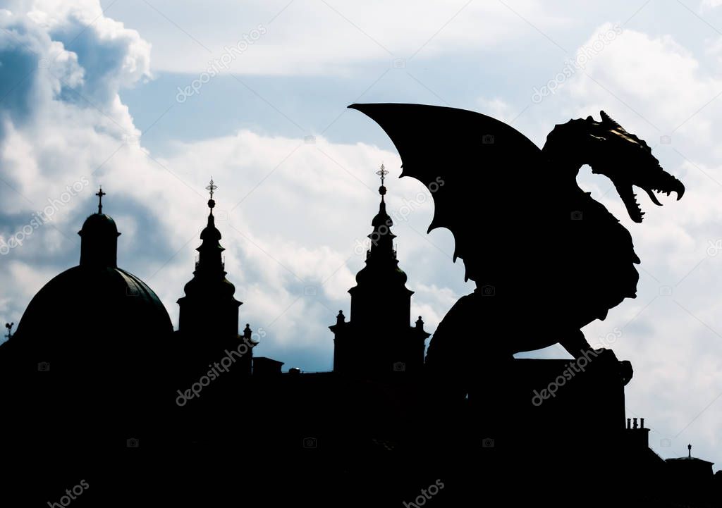 Silhouette of dragon on the Dragon bridge in Ljubljana