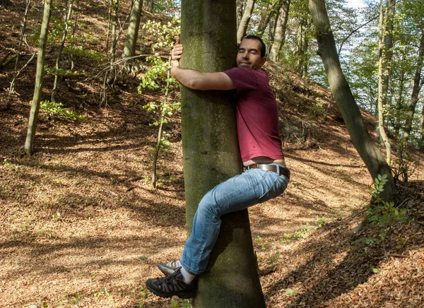 Hombre Amor Naturaleza Abrazo Árbol Bosque Salvar Planeta Cambio Climático — Foto de Stock