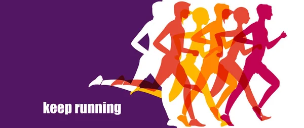 Maratona de corrida, pessoas correm, bandeira colorida — Vetor de Stock