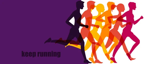 Corriendo maratón, la gente corre, baner colorido — Vector de stock