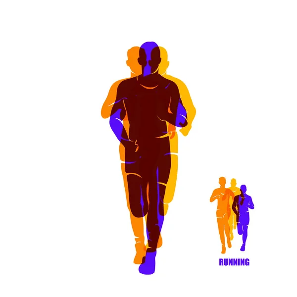 Бегущий марафон, люди бегут, разноцветное знамя — стоковый вектор