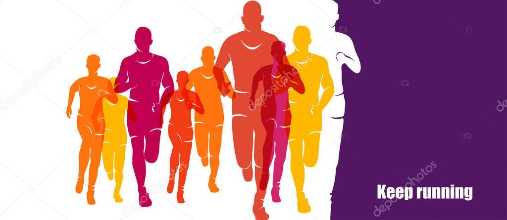 Running marathon, people run, colorful banner