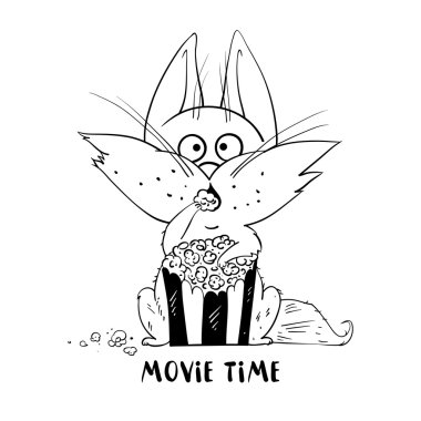 Komik kedi yemek patlamış mısır ve bir film izlerken.