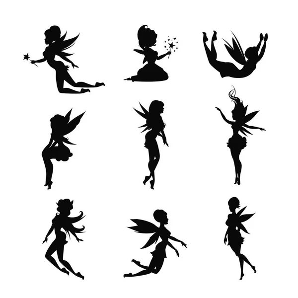 Set of silhouettes of fairies isolated on white background. — Stock Vector