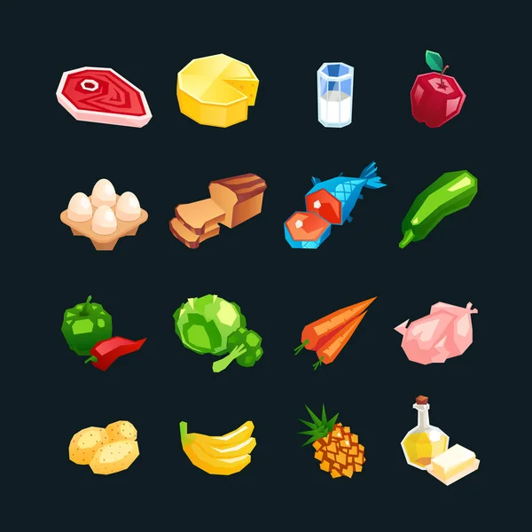 Everyday food products. Icons of vegetables, fruits and meat isolated on a dark background. — Stock Vector