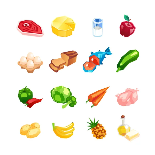 Produits alimentaires quotidiens. Icônes de légumes, fruits et viande isolées sur fond blanc . — Image vectorielle