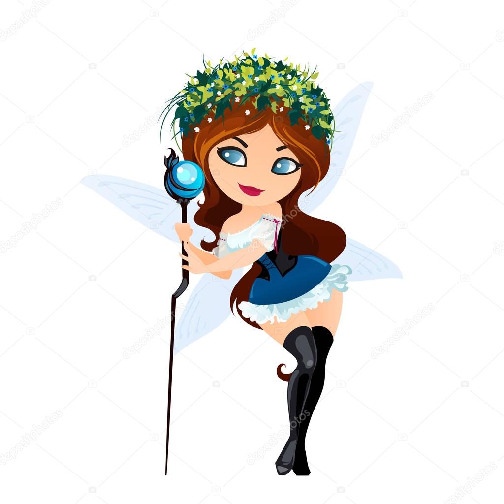 Cute fairy isolated on white background. Beautiful fairy in a cartoon style. Vector illustration.