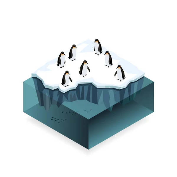 Pinguine auf Eis im isometrischen Konzept des offenen Meeres. — Stockvektor
