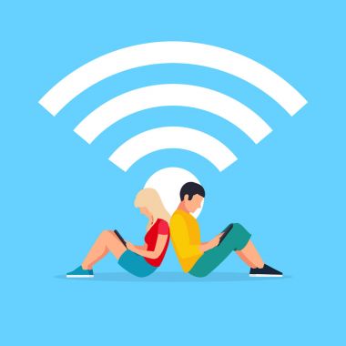 Kablosuz kavramı. Çift gençler arka arkaya oturmak ve USI okumak