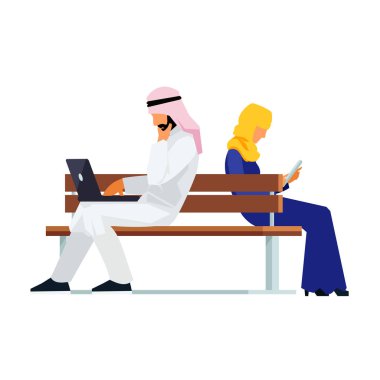 Bankta oturan genç Müslüman Çift düz bir tarzda. 