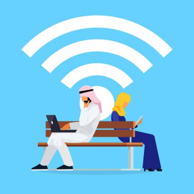 Kablosuz kavramı. Genç Müslüman iki düz stil içinde oturan