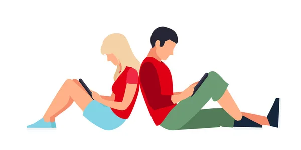 Couple young people sit back to back and read using a tablet pc. — Stock Vector