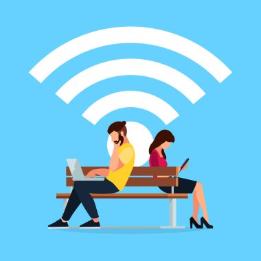 Kablosuz kavramı. Çift gençler oturan bir düz tarzı