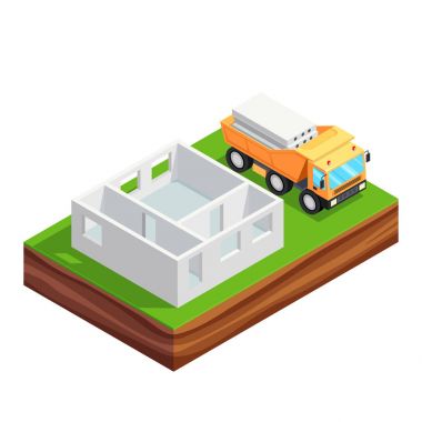3D beton ev ve bir kamyon ile betonarme döşeme.