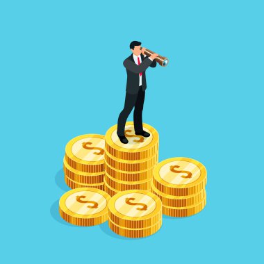 elinde bir yığın üzerinde duran bir teleskop ile 3D iş adamı 