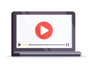 Vlog kavramı. Beyaz adam izole bir düz stil içinde laptop