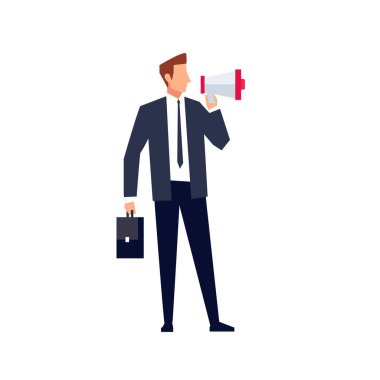 İşadamı hoparlör üzerinde beyaz backgrou izole el ile