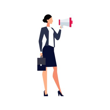 Beyaz arka plan üzerinde izole megafon ile iş kadını.