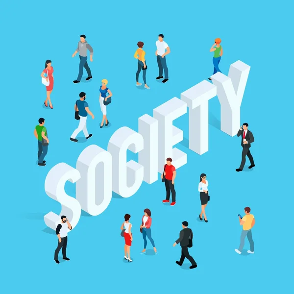 Sociedade. Conceito social isométrico com pessoas em diferentes poses —  Vetores de Stock