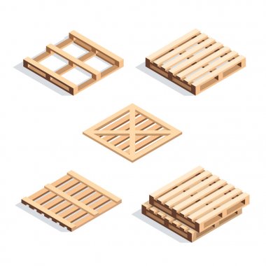 İzometrik ahşap palet kümesi.