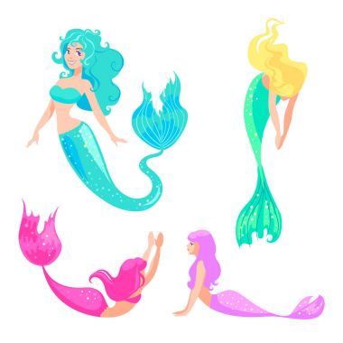 Beyaz arkaplanda izole edilmiş bir grup deniz kızı.