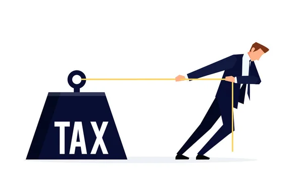 Podatnika. Biznesmen ciągnie ogromny ciężar na podatek. — Wektor stockowy