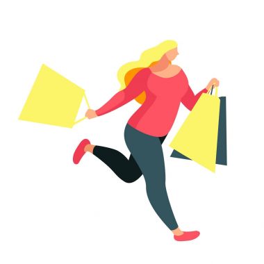 Alışveriş. Alıcı elinde çanta ile çalışır.