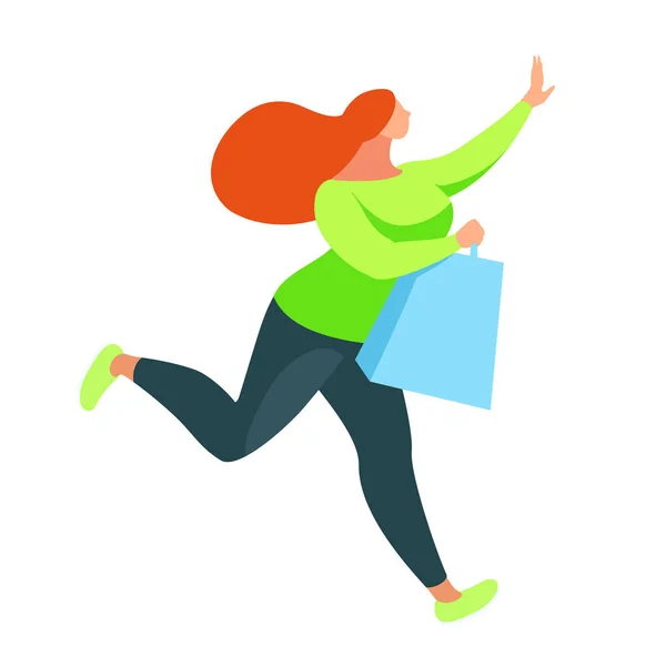 Shopping. Buyer runs with bags in hands. — Stock Vector