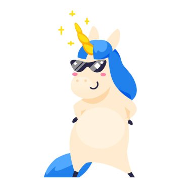 Beyaz arka plan üzerinde izole komik tek boynuzlu at.