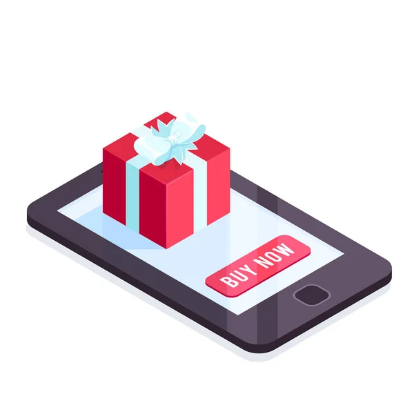 Isometric gift on the smartphone screen. — Stock Vector