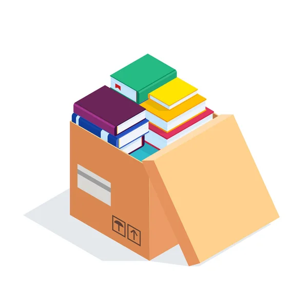 Caja isométrica con libros aislados . — Vector de stock