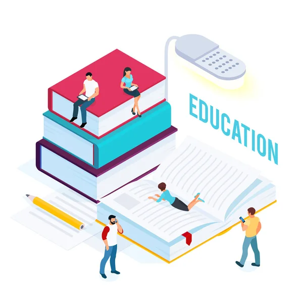 3d e-learning concept with reading people. — Stock Vector