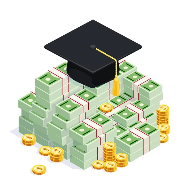 Casquette de diplômé sur une grosse pile d'argent . — Image vectorielle