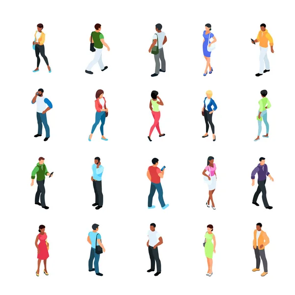 Conjunto de personas isométricas con diferentes colores de piel . — Vector de stock