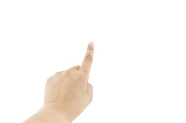 Beyaz arka plan üzerinde sanal ekran dokunaklı el