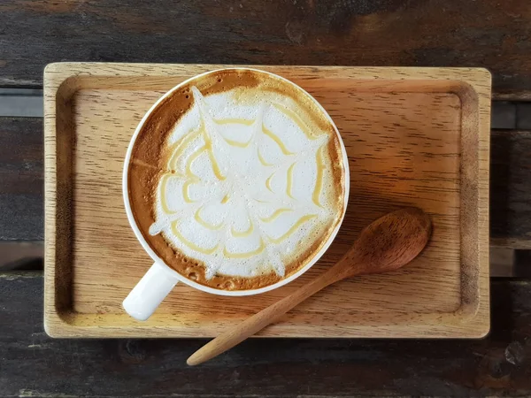Cangkir Cappuccino Secangkir Kopi Atas Meja Kayu Coklat Pemandangan Atas — Stok Foto