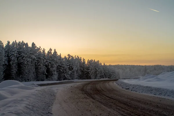 雪に覆われた森の中の汚れた道路 — ストック写真