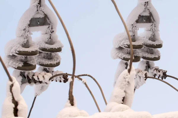 Glazen isolator op het lichtnet. Isolatie van elektrische hoogspanningslijnen — Stockfoto