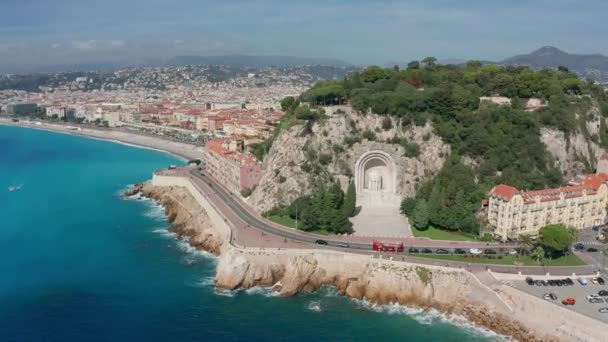 Vista aérea. Nice, França passeio marítimo, Mar Mediterrâneo . — Vídeo de Stock