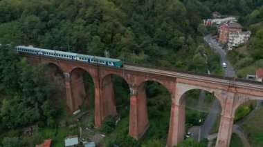 Hava görüntüsü. Eski demiryolu köprüsü. Tren köprüden geçiyor..