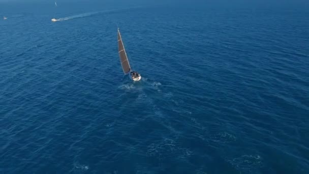 Vista aérea. Iate à vela com velas brancas no mar aberto . — Vídeo de Stock