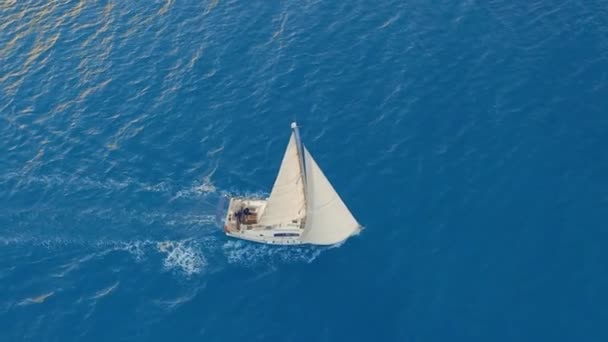 Aerial view. Yacht sailing on open sea at sunny windy day. — 비디오