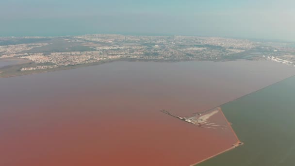 Widok z lotu ptaka. Panoramiczny widok z lotu ptaka Las Salinas, słynne miejsce różowe jezioro. Linia brzegowa miasta Torrevieja i Morza Śródziemnego. Costa Blanca. Prowincja Alicante. Hiszpania. — Wideo stockowe