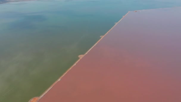 Légi felvétel. Repülő körül a Salinas of Torrevieja - sózott tó, ahol a sókitermelés egész Európában. — Stock videók