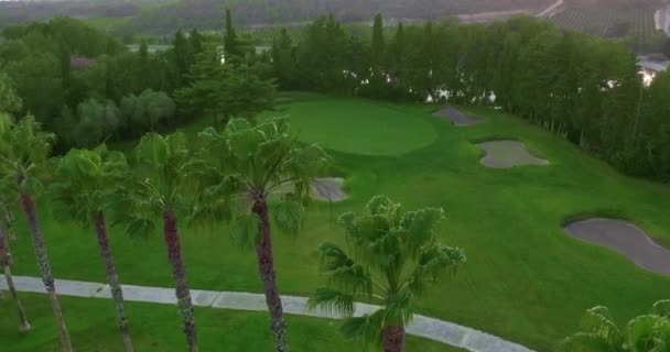 Aerial view. Golf course with green field in the valley. Green turf scenery. — Stock Video