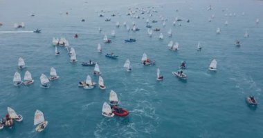 Hava görüntüsü. Büyük bir grup küçük yelkenli gemi denizde.