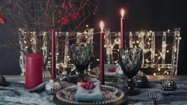 Lighting Candles Christmas Table Setting — Stock Video